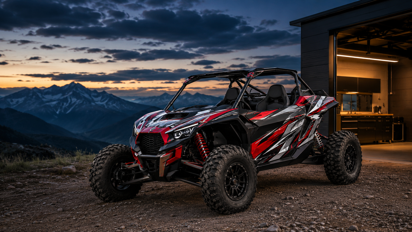 Close detail of a red, black, white and silver off-road graphic kit
