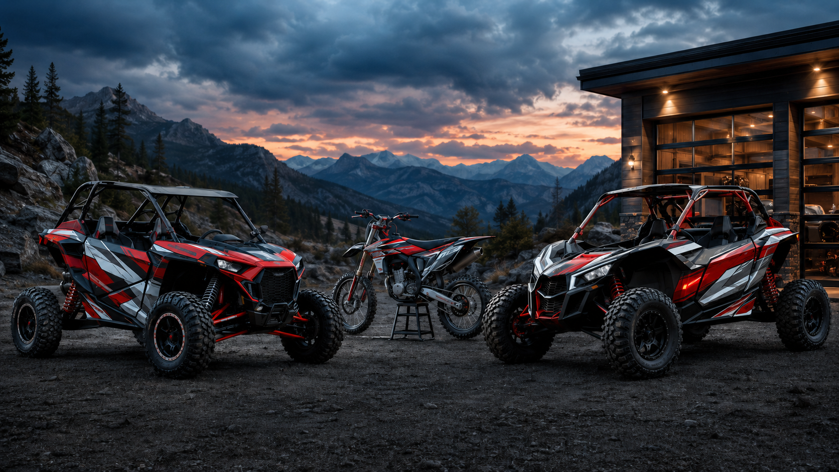 KGFX custom design vehicles staged outside a mountain graphics workshop