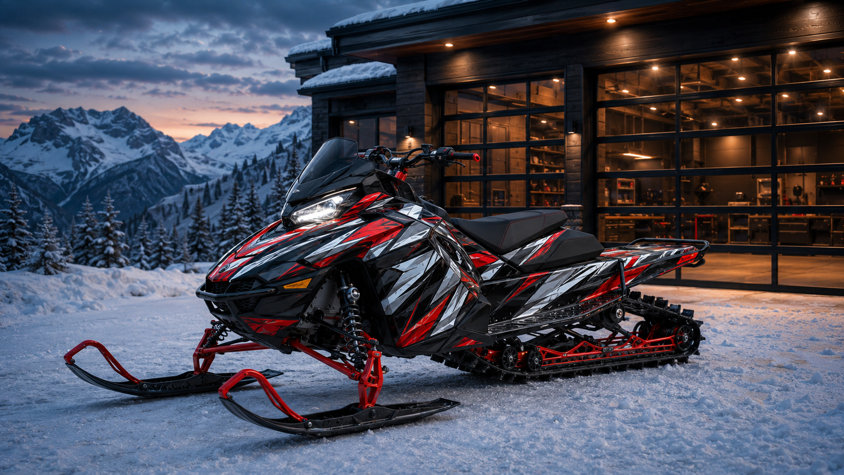 Custom shredded red, black, silver and white snowmobile graphics outside a snowy mountain workshop